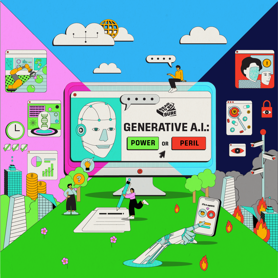 The image is a vibrant and colourful illustration that seems to address the topic of generative A.I. It includes a central computer monitor with the words "GENERATIVE A.I.: POWER OR PERIL" on the screen, surrounded by various elements representing technology and artificial intelligence, such as an A.I. face, social media icons, and a robotic hand typing on a keyboard. There are also graphical representations of a cityscape, clouds, and flowers, symbolizing the impact of A.I. on different aspects of life. The artwork is designed in a contemporary, digital art style with a combination of bright pinks, greens, and blues.