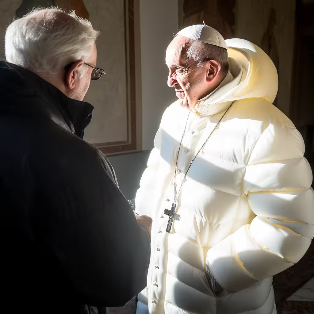 The image features two individuals in a brightly lit space, seemingly engaged in conversation. One person is facing away from the camera, wearing a black jacket and glasses, with gray hair visible. The other person, facing the camera, appears to be Pope Francis, identifiable by his distinct white cassock and zucchetto. Notably, the figure who looks like the Pope is wearing an oversized, puffy, white jacket that is humorously voluminous, giving an exaggerated silhouette. The jacket is atypical for the Pope's usual attire, suggesting a light-hearted or edited context. The sunlight casts strong shadows, enhancing the contours of the puffy jacket.