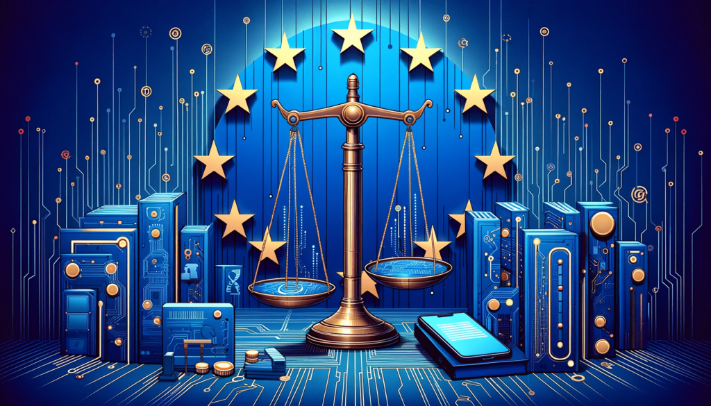 Illustration for a blog post about EU technology regulation and digital sovereignty. The image should depict a large, modern EU flag in the background