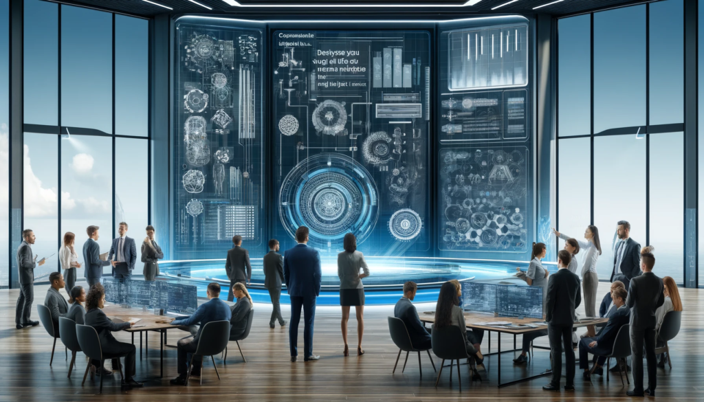 the image features a modern, high-tech corporate office environment with a diverse group of legal professionals discussing around a futuristic holographic display. This setting reflects the innovative integration of AI in legal practices.