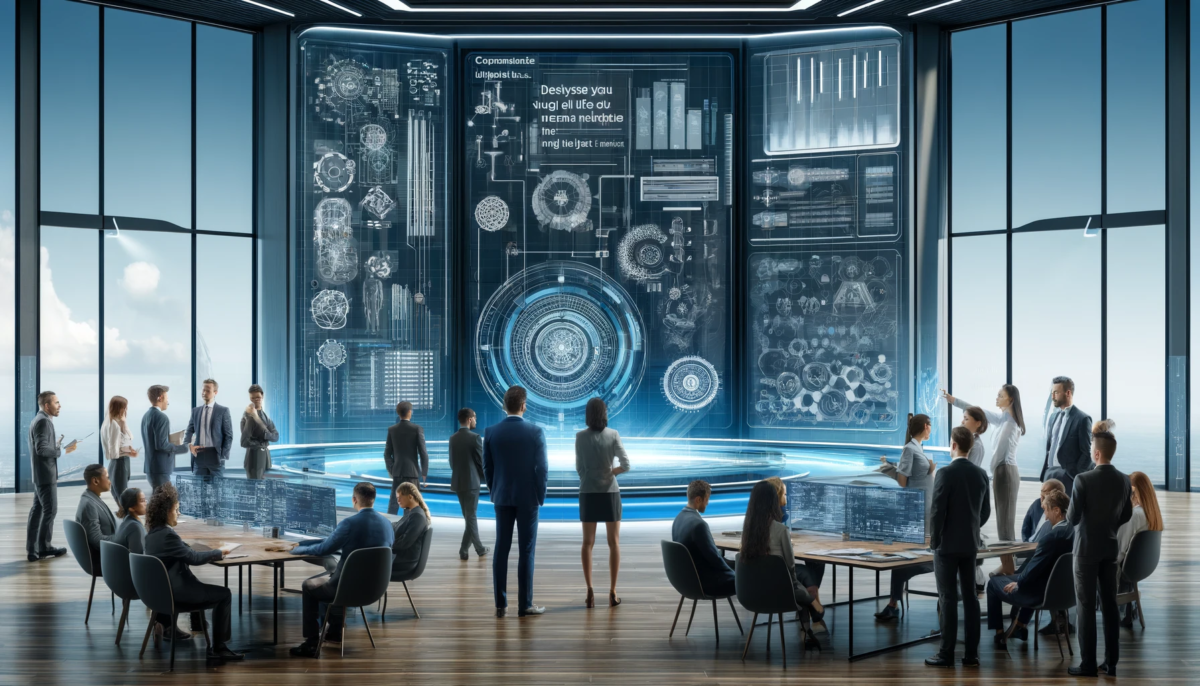 the image features a modern, high-tech corporate office environment with a diverse group of legal professionals discussing around a futuristic holographic display. This setting reflects the innovative integration of AI in legal practices.